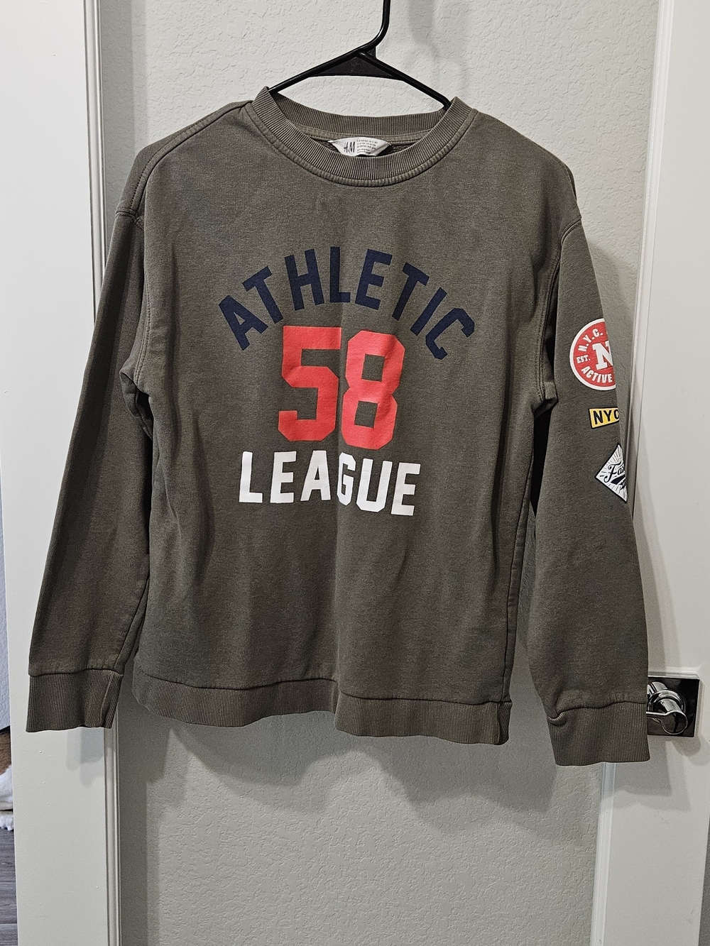 H&M Athletic League Graphic Sweatshirt Olive Green Youth Size 12-14Y